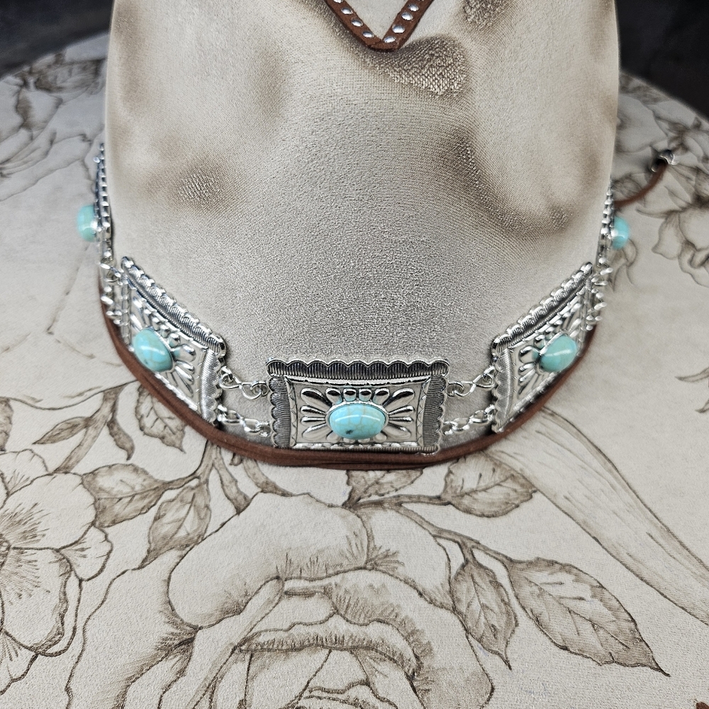 NWT Grey suede burned fedora cowboy hat with roses - Picture 3 of 7